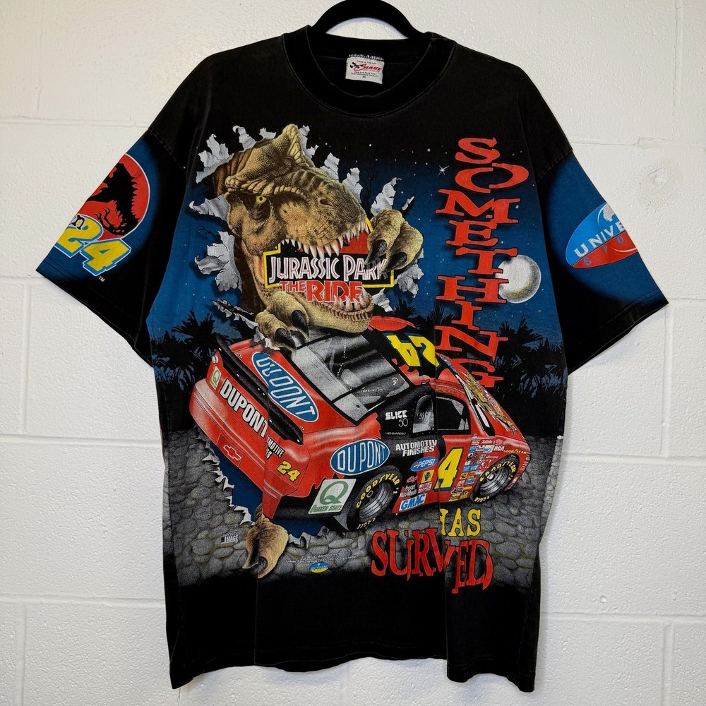 Vintage Jeff Gordon Tee Shirt NASCAR Jurassic Park Universal Studios XL 90s AOP